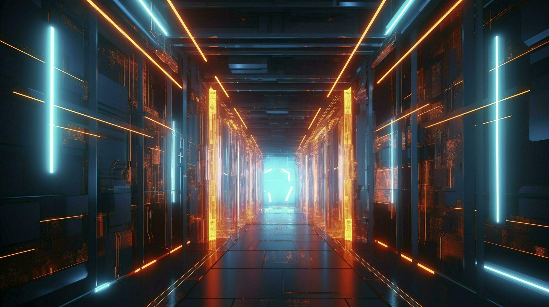 digital cg background, cg backgrounds sci-fi backgrounds, in the style of futuristic geometric abstraction, dark orange and light cyan, 32k UHD, neon, and fluorescent light, generat ai photo