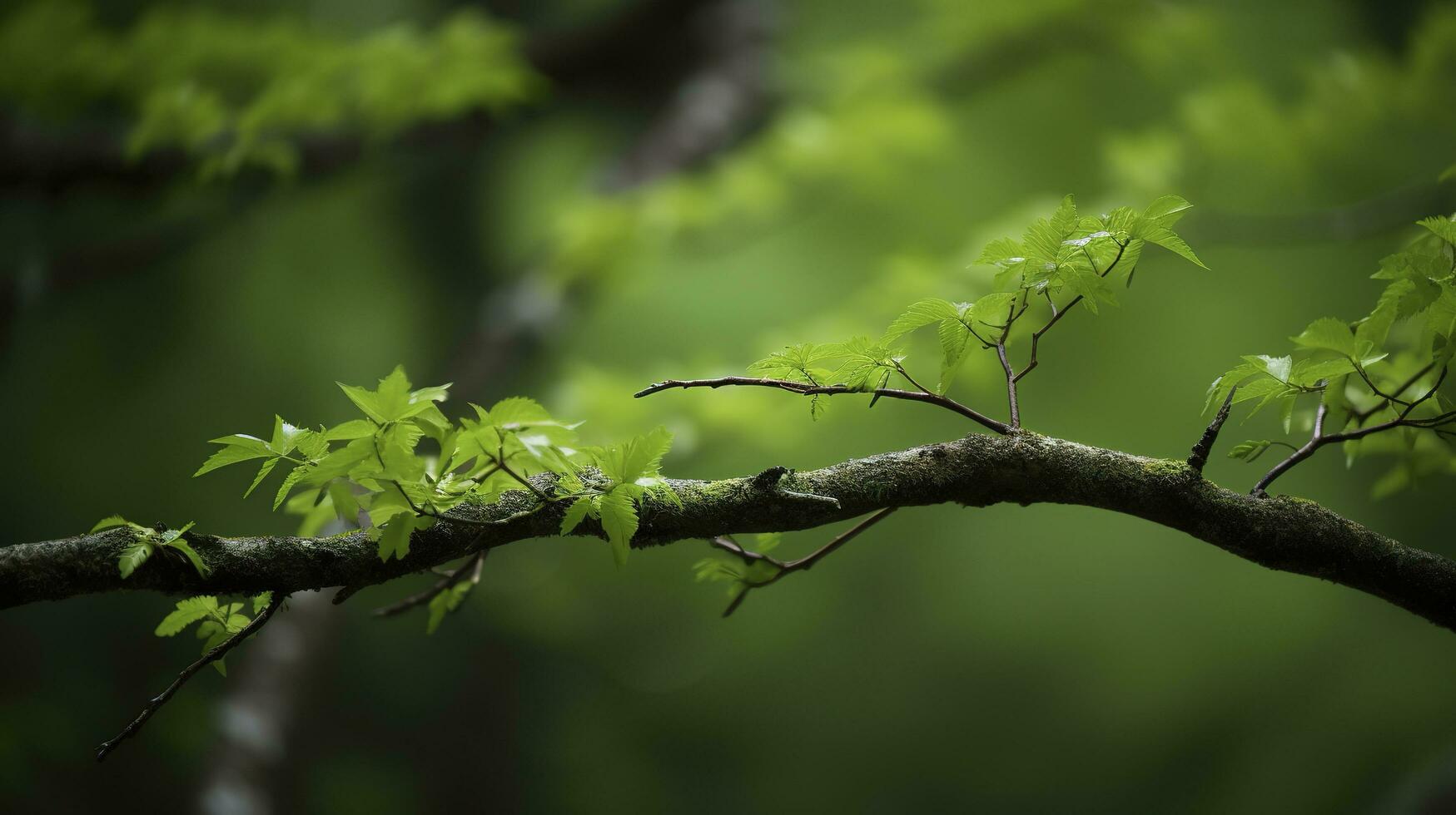 Earth Day and World Environment Day, Spring, Tropical tree leaves and branch with beautiful green forest background, generate ai photo