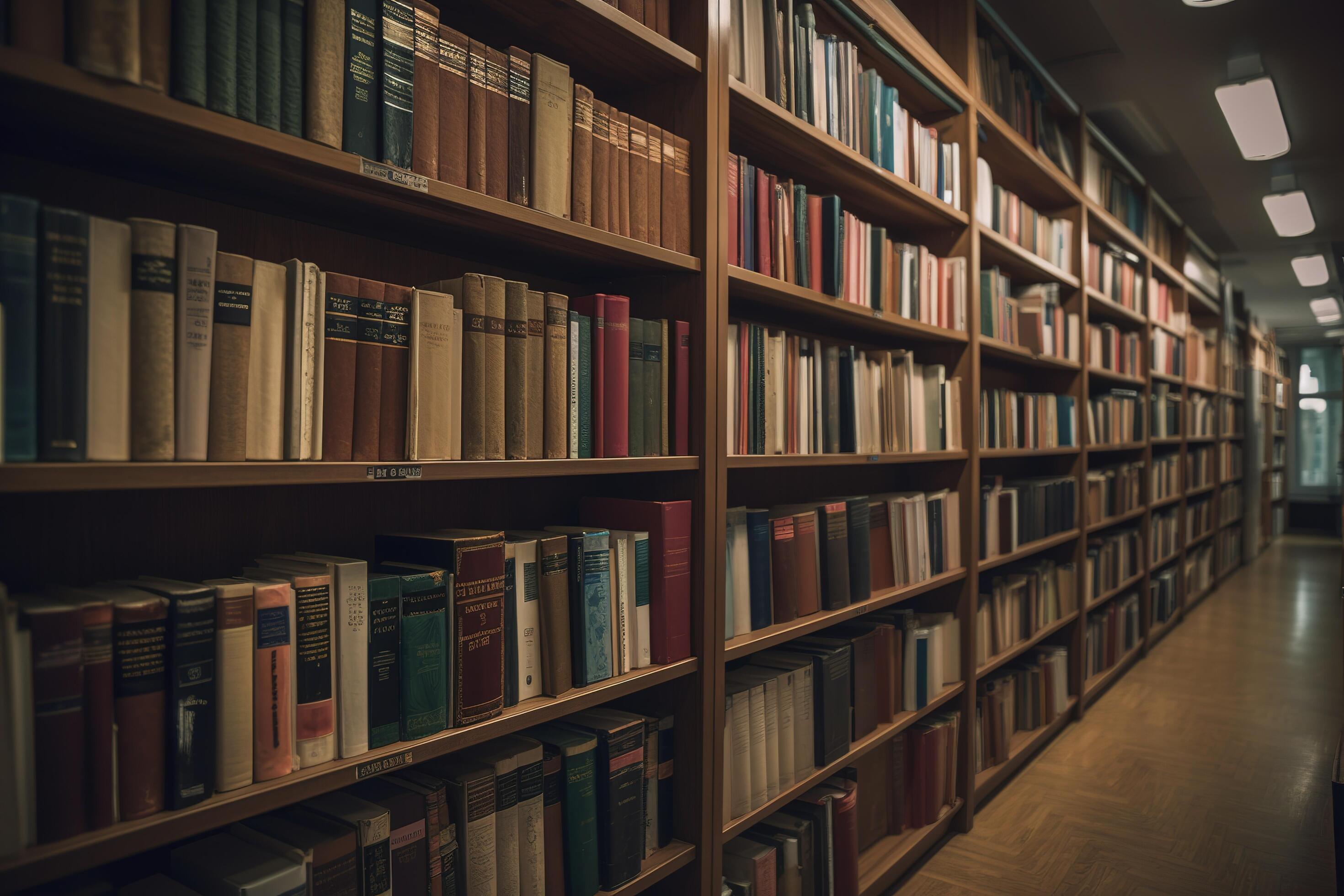 Library stacks of books and bookshelf. 3d illustration, generate ai ...