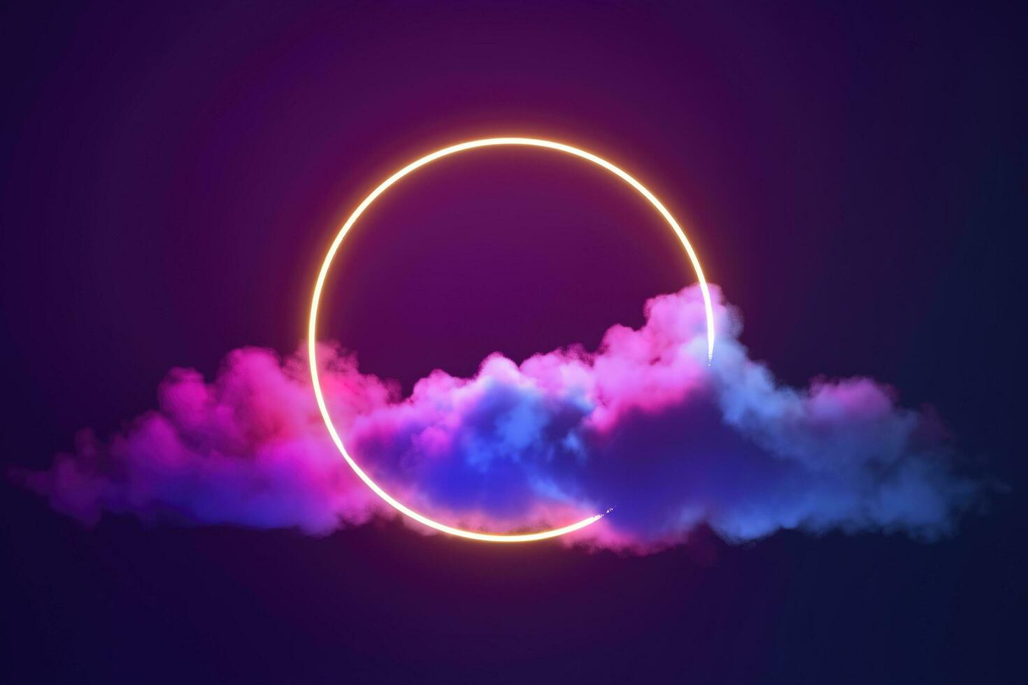 3d render, abstract cloud illuminated with neon light ring on dark night sky. Glowing geometric shape, round frame, generate ai photo