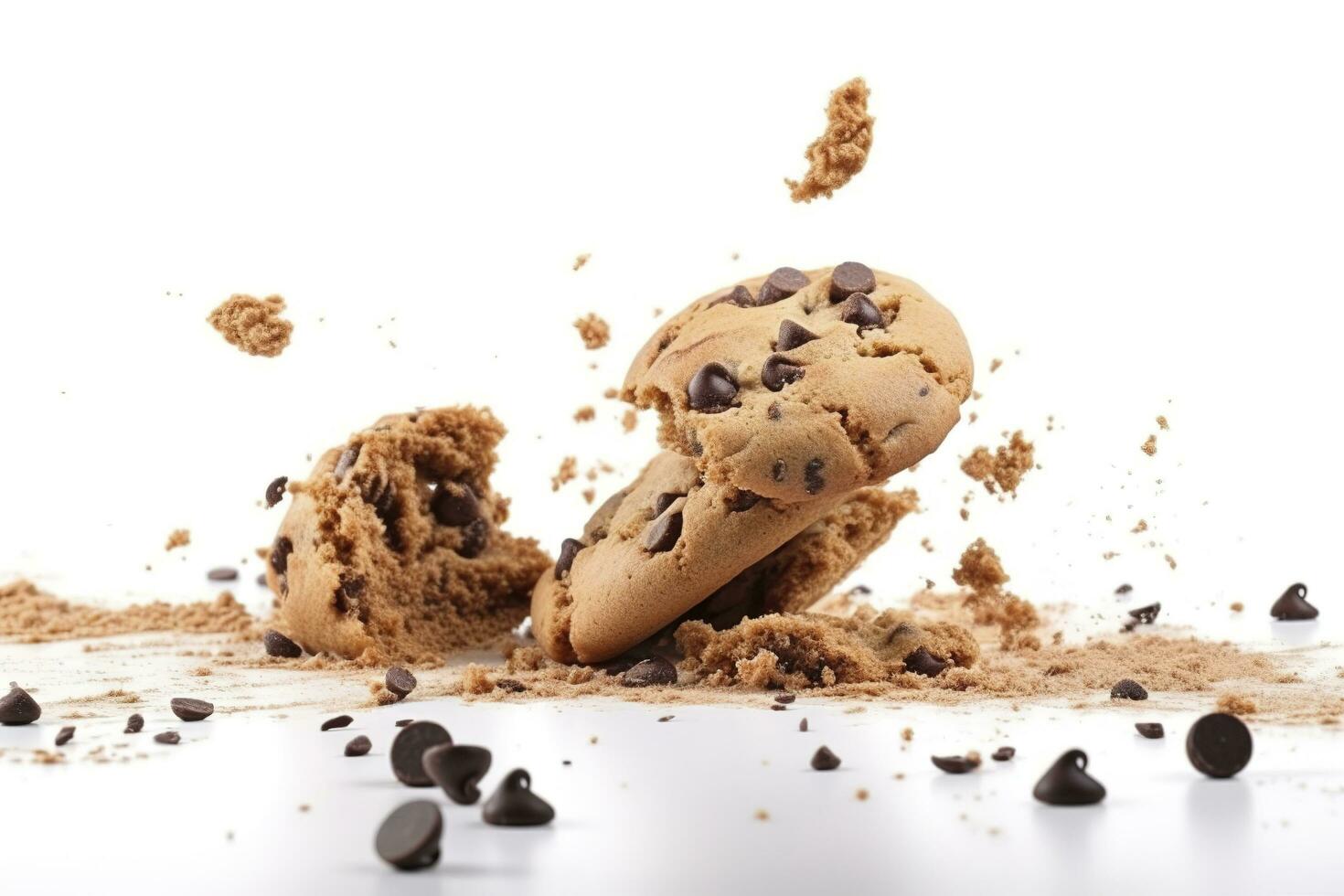 Tasty chocolate chip cookies falling isolated on white background, generate ai photo