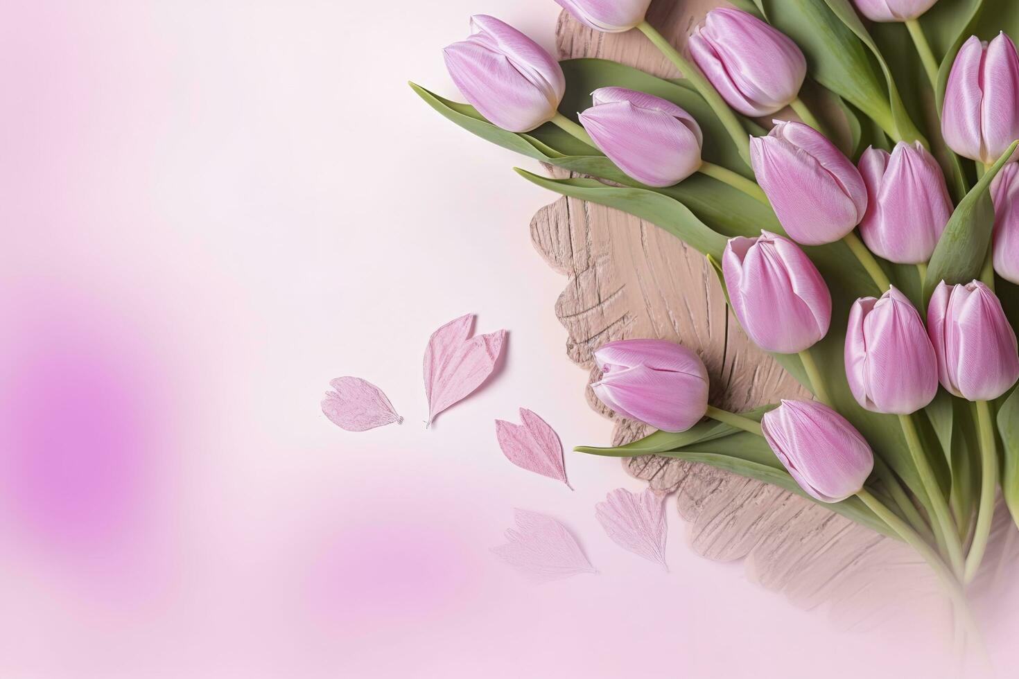 Wooden pink background with fresh spring tulips and empty copy space heart shape decoration made of wood , generate ai photo
