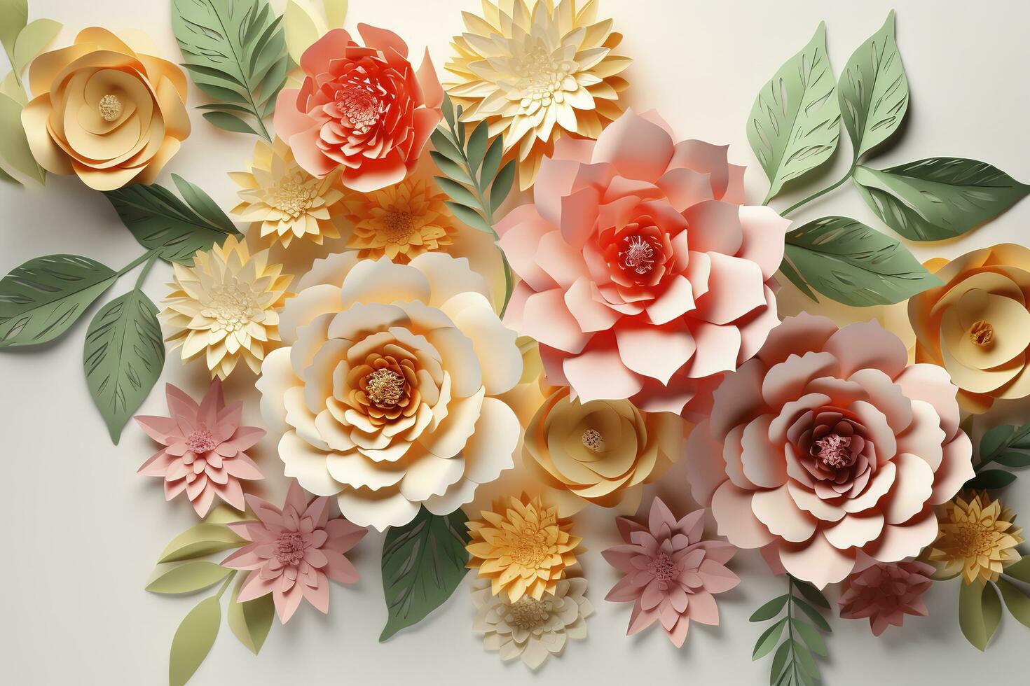 3d floral arte fondo de pantalla. naranja, rosa, verde y amarillo flores en ligero antecedentes. para niños habitación pared decoración, generar ai foto