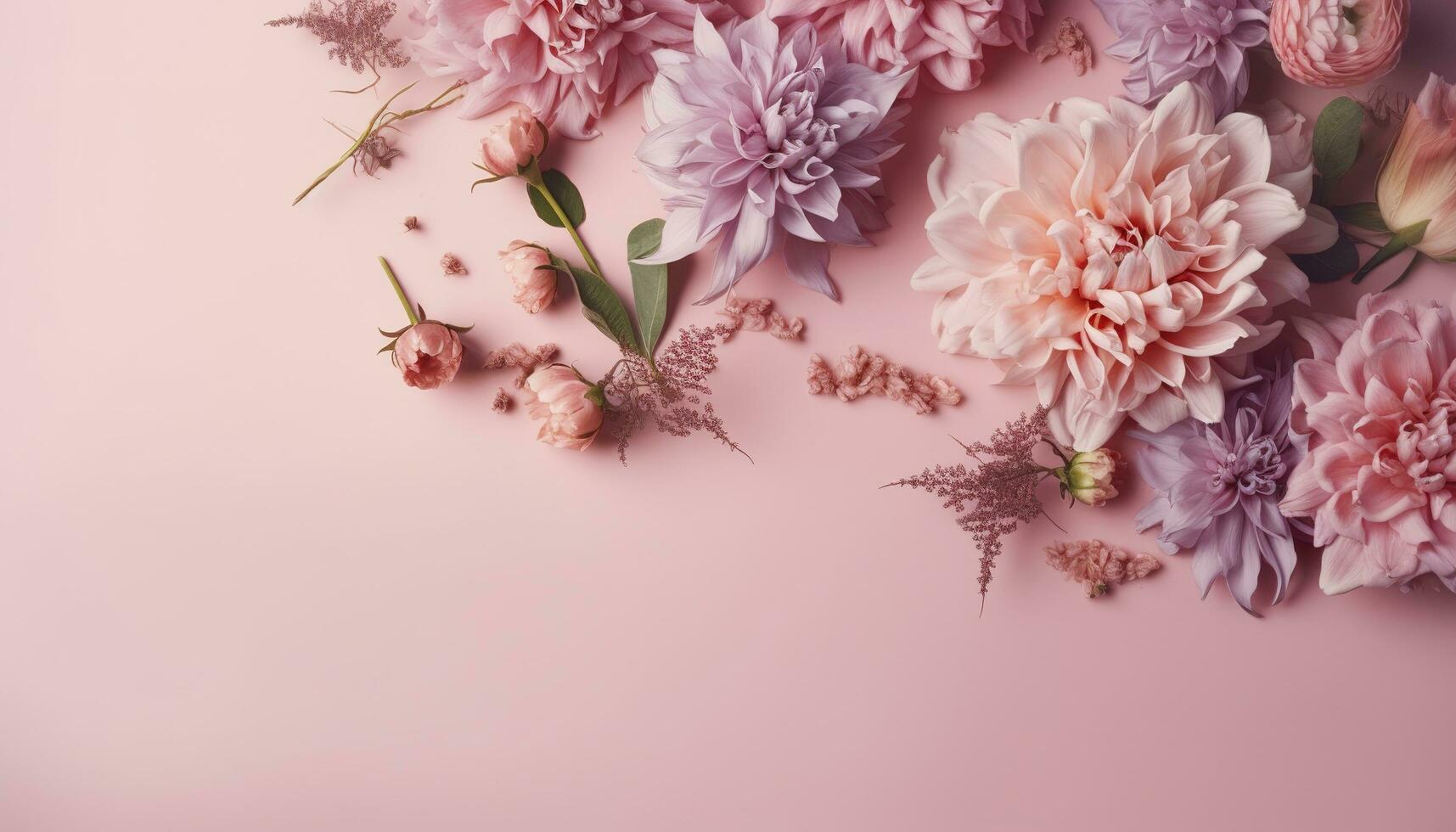 pink flowers composition over pastel background, generate ai photo