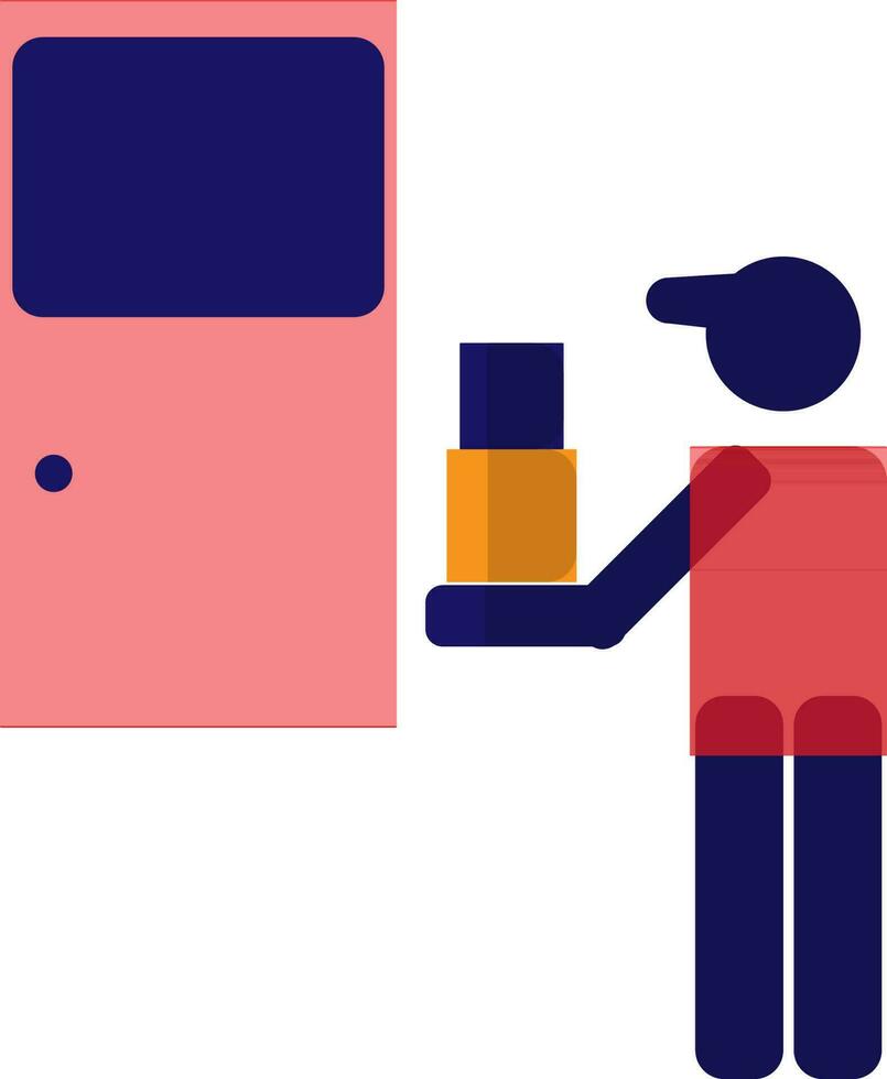 Delivery boy holding box and standing front of door. vector