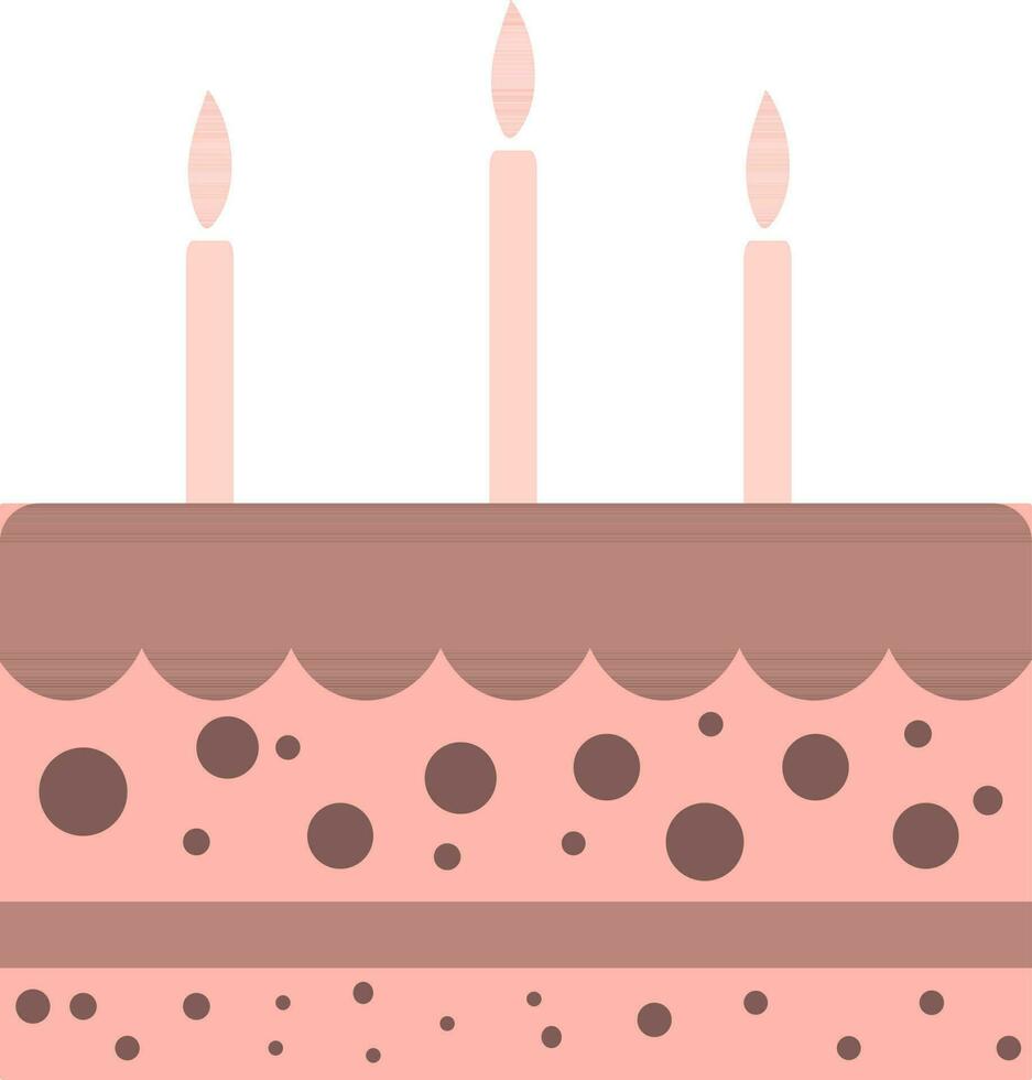 Decorated brown cake with burning candles. vector