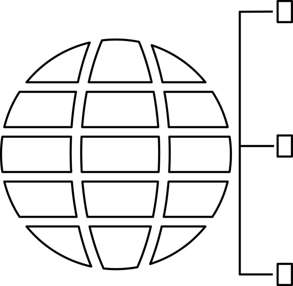 Network connection with globe in black line art illustration. vector