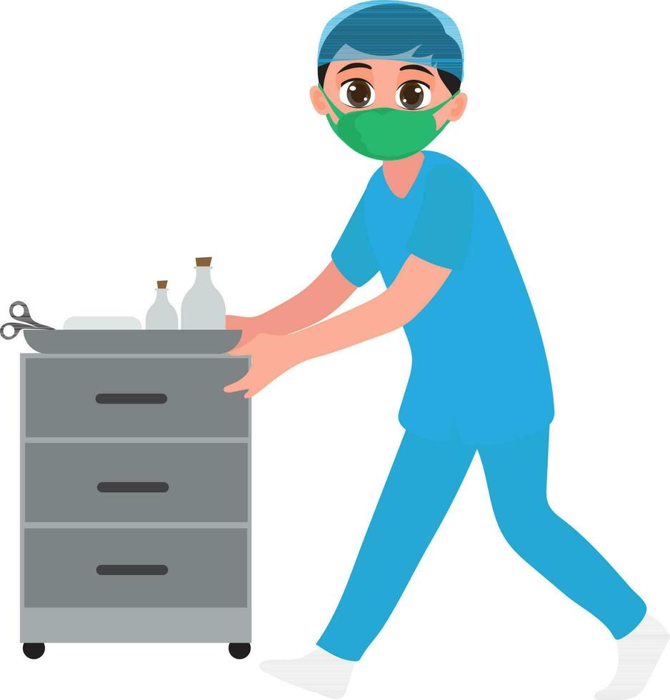 Character of doctor's assistant boy with medical cart. vector