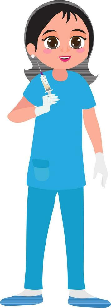 Character of a female doctor holding syringe. vector