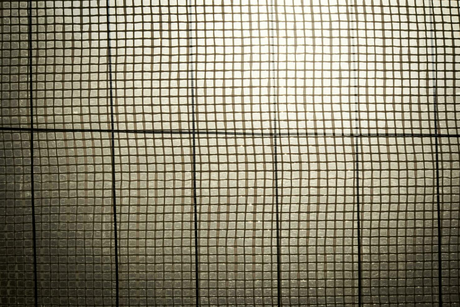 Film on glass of mesh lines square texture on window or door with light flare and vignette in sepia tone photo