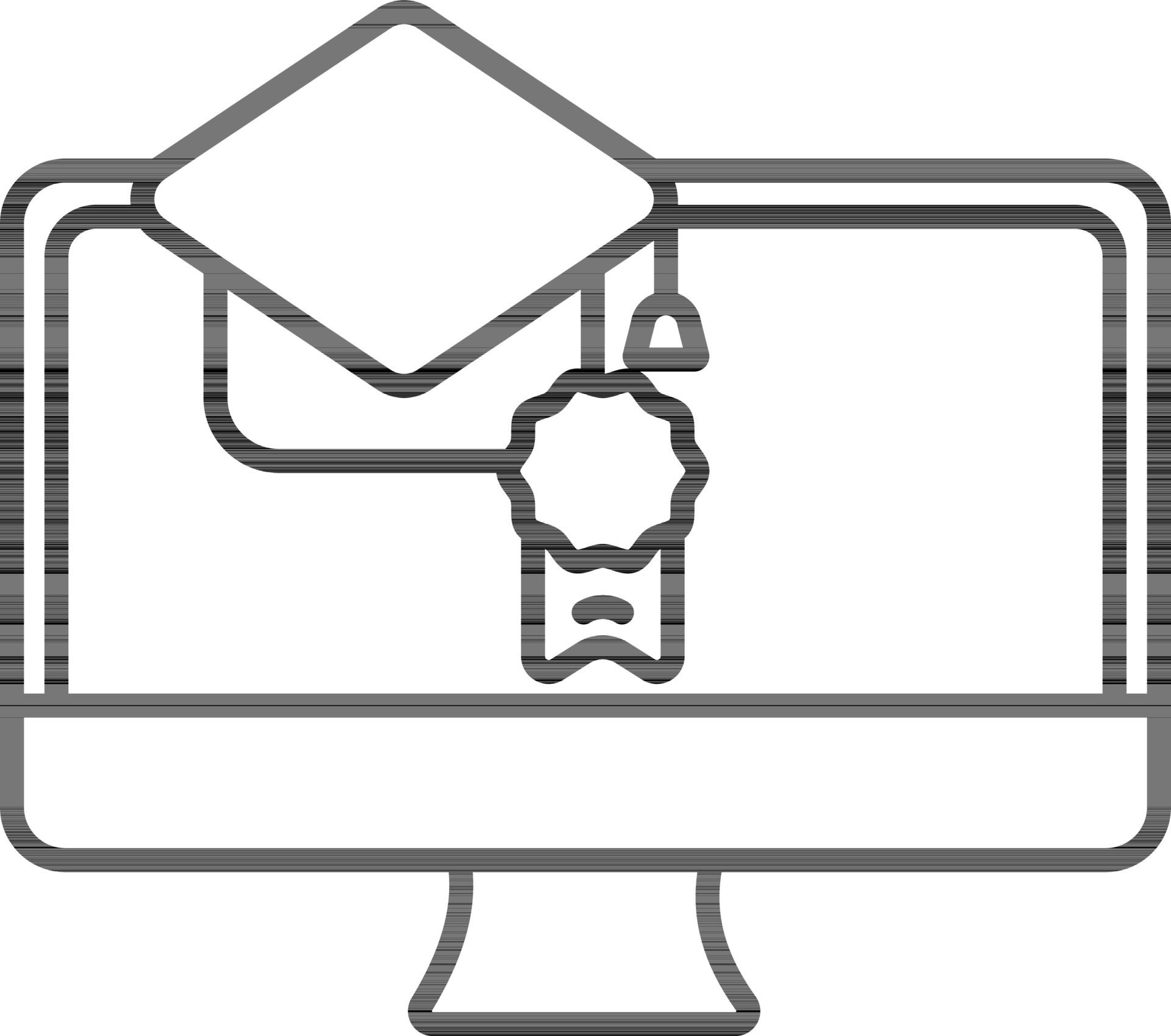 Line art Graduation cap and Badge medal in Monitor screen icon