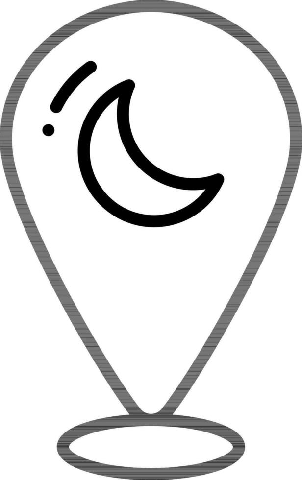Line art illustration of Crescent moon on map pin icon. vector