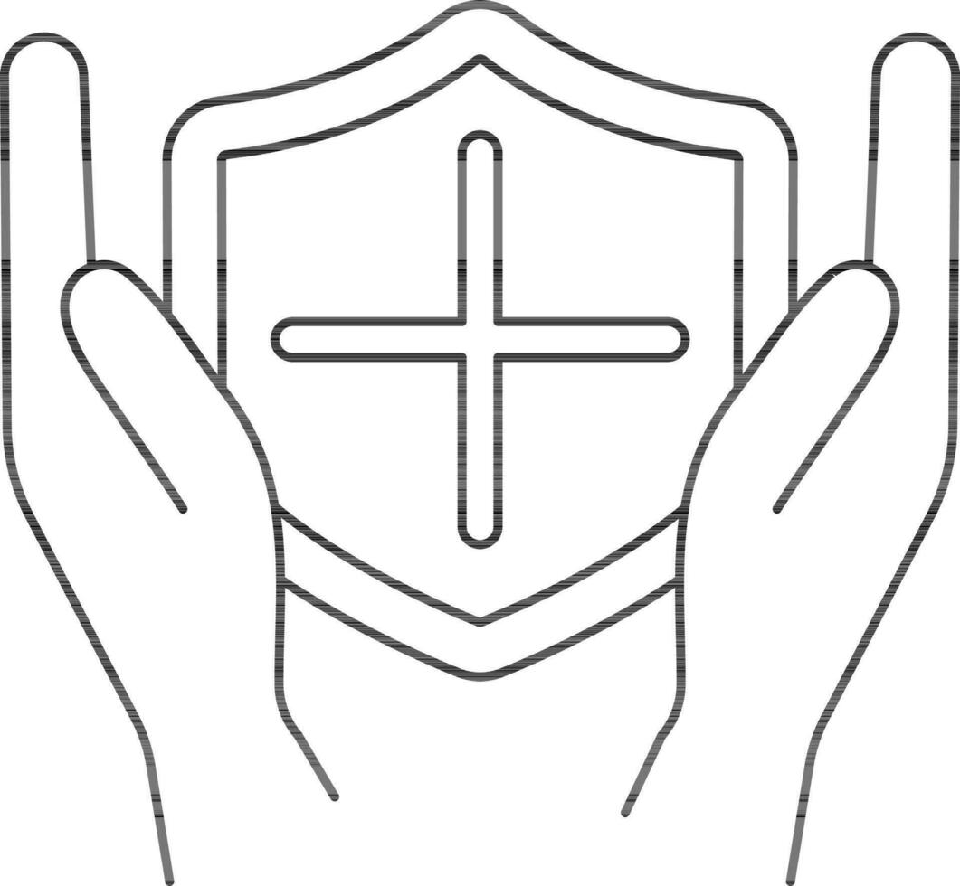 Line Art Illustration of Hands Holding Medical Shield Icon. vector