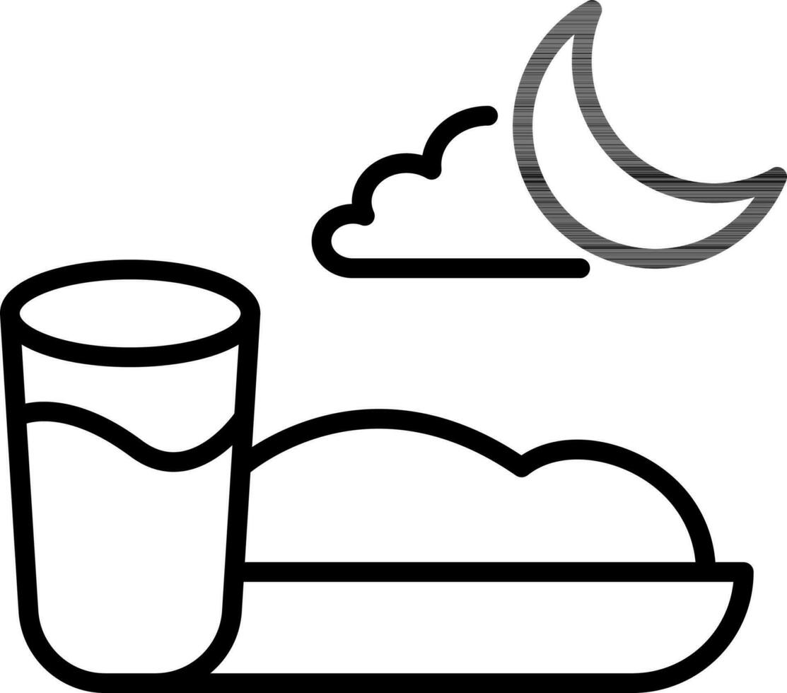 Crescent moon with Drink Glass and Food icon in black line art. vector
