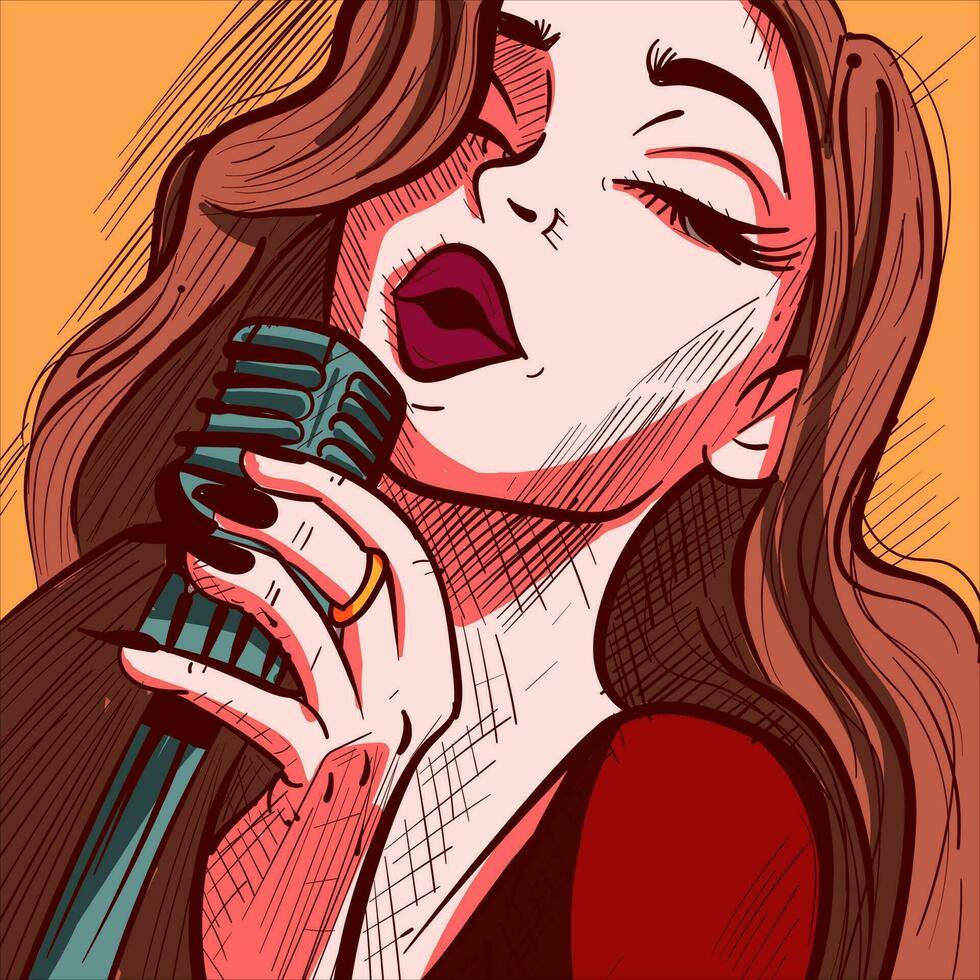 de cerca ilustración de un mujer canto en el micrófono con su voz. digital Arte de un cantante ejecutando karaoke en el micrófono vector