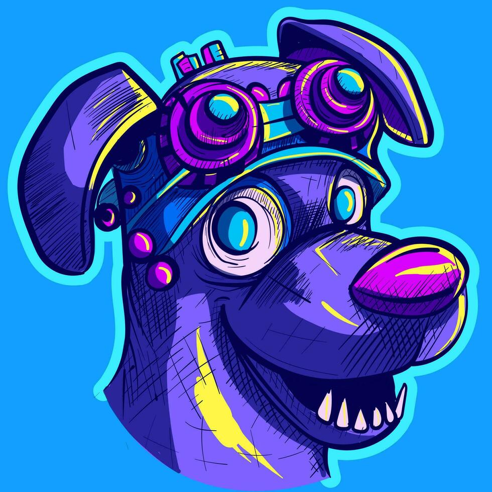 Digital art of a steampunk neon dog wearing leather glasses. Scifi tech and cyborg robotic animal head. Fictional character from the future concept. vector