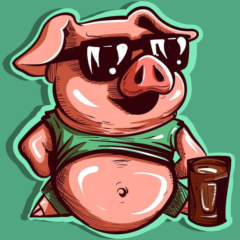 digital Arte de un cerdo en un tropical playa vacaciones. vector de un humanizado cerdito con Gafas de sol y un barriga pega fuera de su camisa, Bebiendo un vaso de soda.