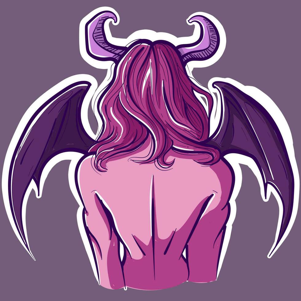 Digital art of a demon's backside view with wings and horns. Vector of a devil woman back view. Religion and christian conceptual illustration of a bible creature.
