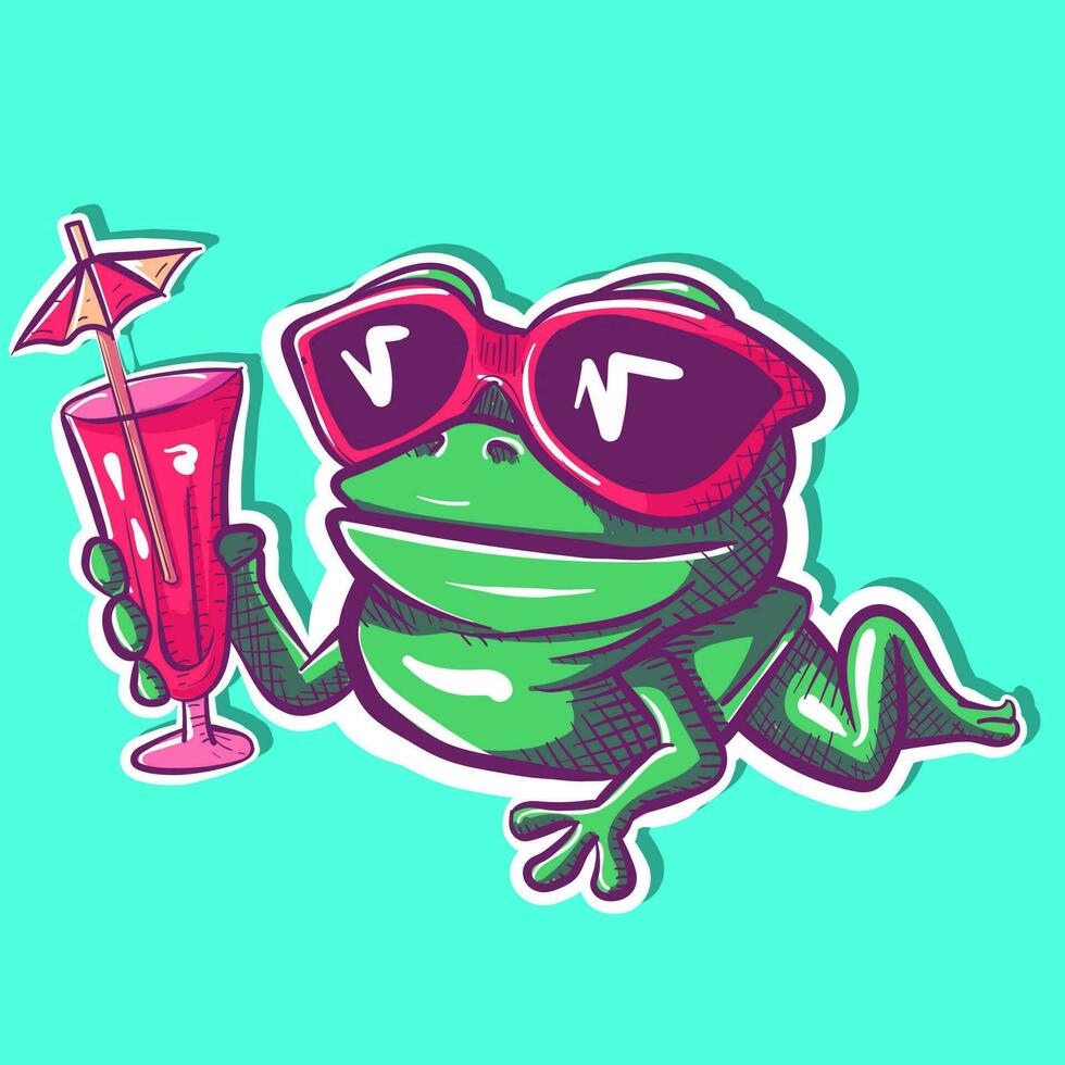 Digital art of a frog wearing glasses and drinking a cocktail. Vector of a toad sunbathing and laying on the beach.