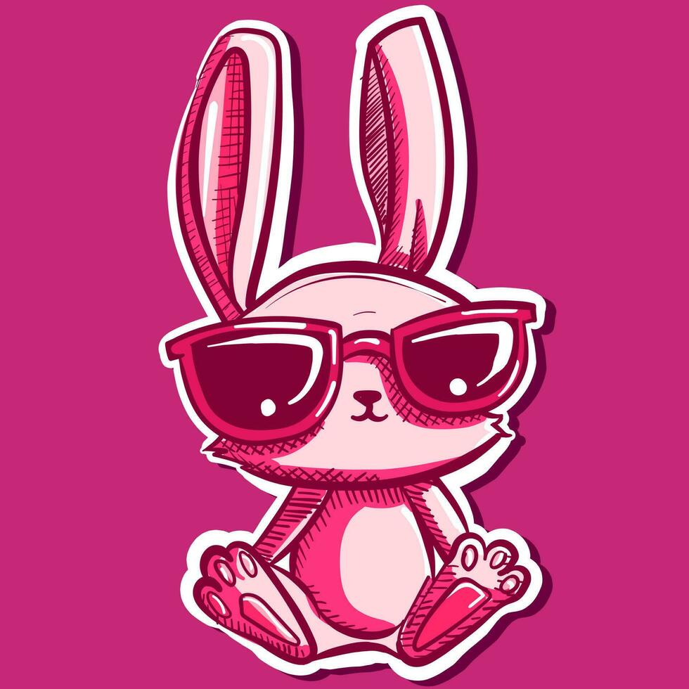 Digital art of a cute fluffy bunny with sunglasses sitting down. Vector of a pink rabbit cartoon sticker.