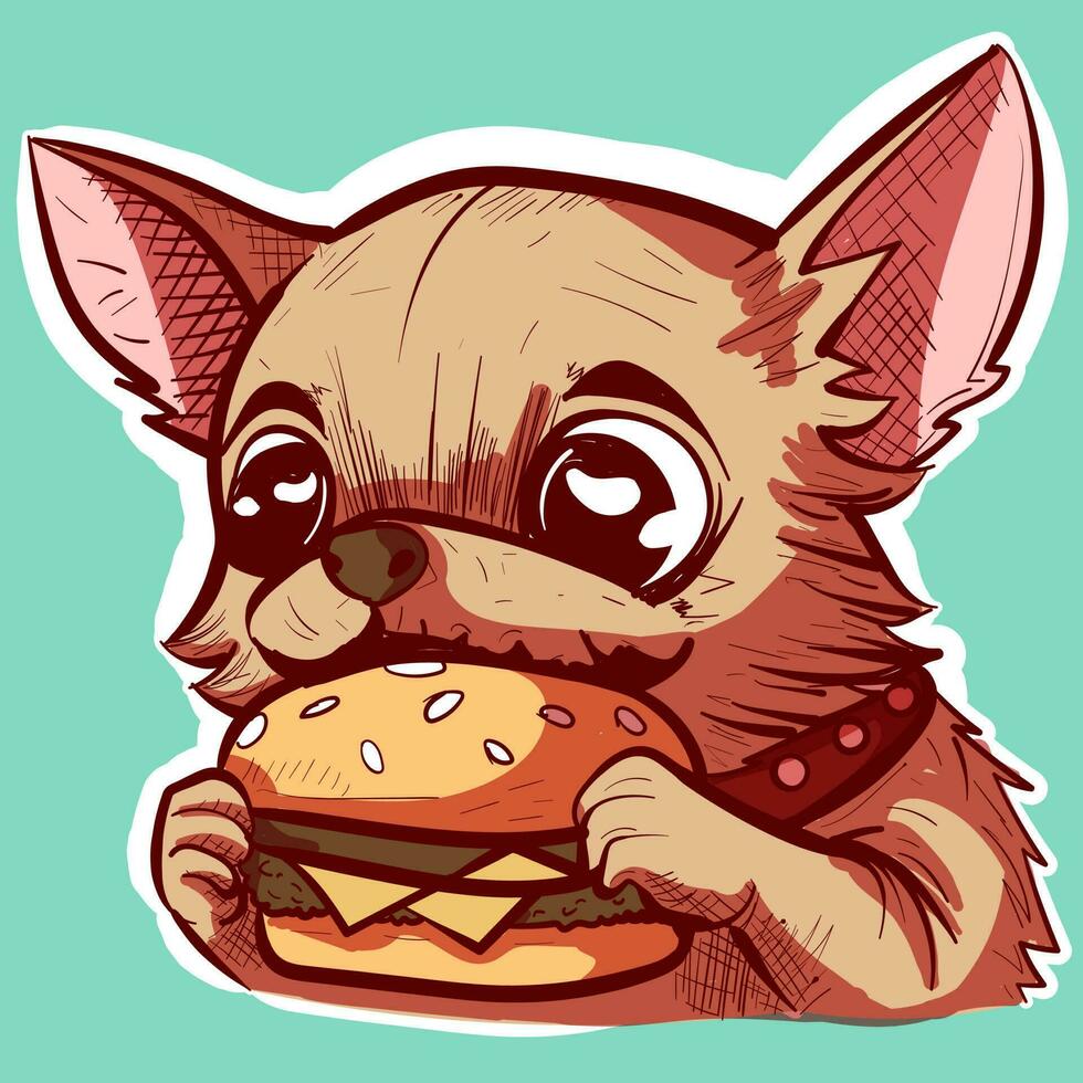 Digital art of a cute cartoon chihuahua eating a big burger with his small hands. Vector of a small dog eating a hamburger.