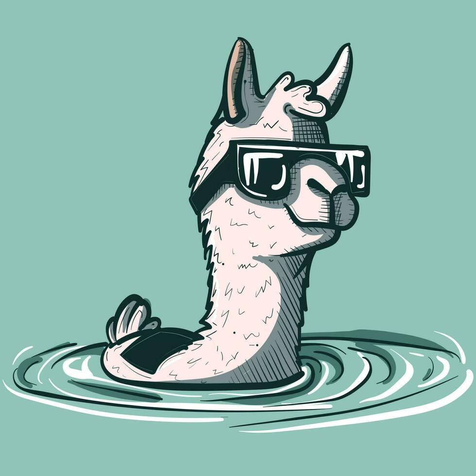 digital Arte de un nadando llama con mojado lana y Gafas de sol en un piscina. frio alpaca sentado en agua salpicaduras vector