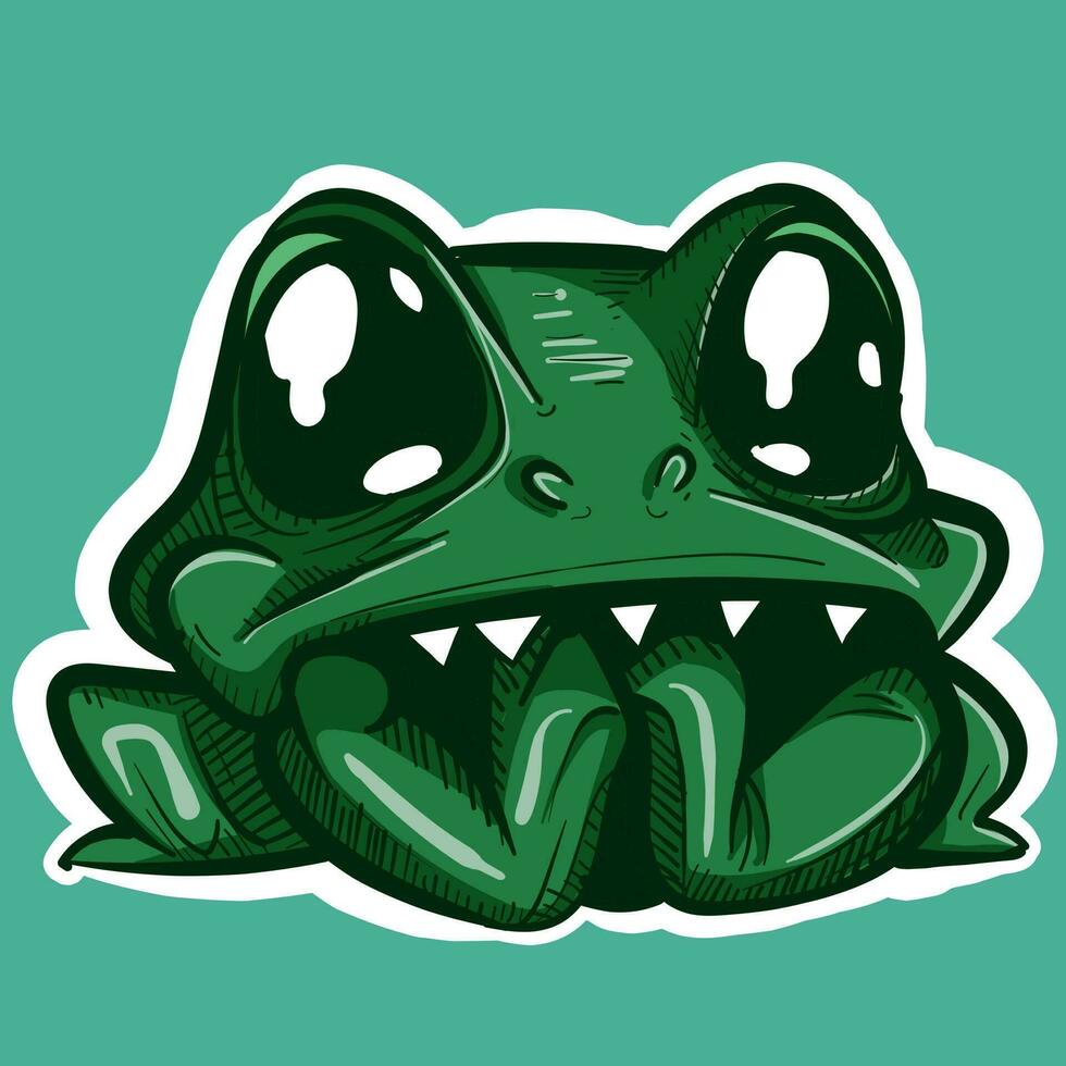 Digital art of a kawaii cartoon frog chewing its own hands with small sharp teeth. Vector illustration of an adorable amphibian with big eyes