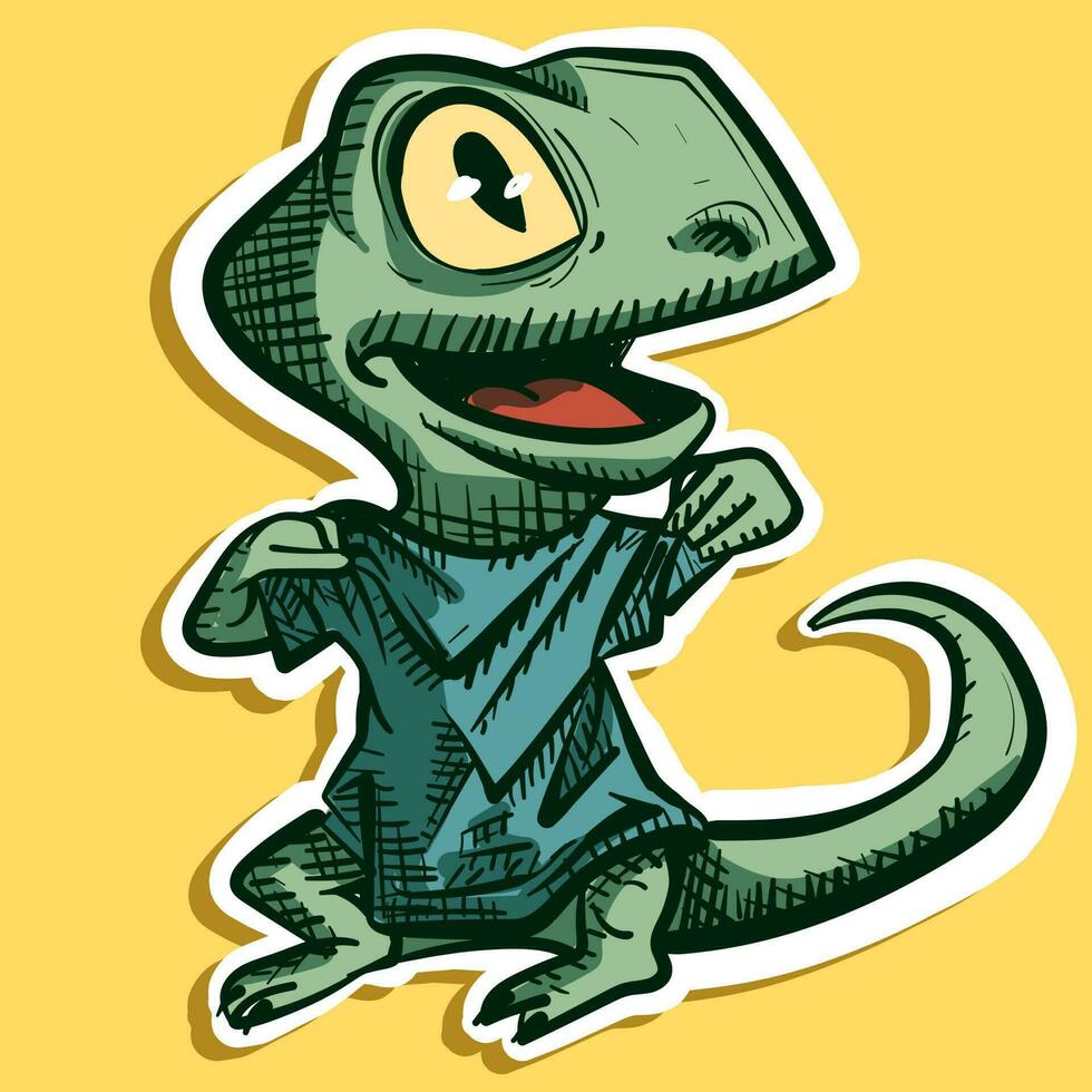 digital Arte de un verde pequeño lagartija poniendo en un camisa. vector de un contento dino vistiendo ropa. ilustración de un reptil conmovedor su camiseta