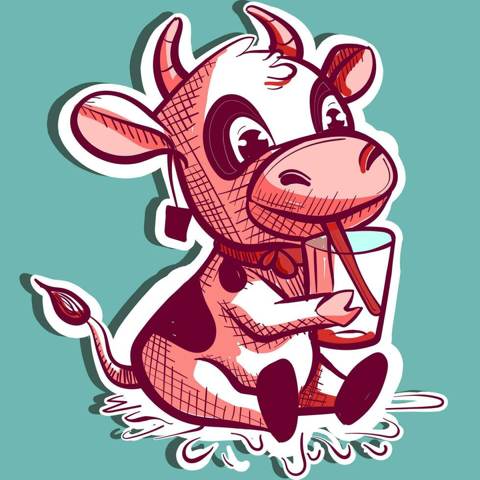 Digital art of a cartoon mascot cow drinking milk with a straw from a glass. Vector of a farm animal caricature holding a beverage.