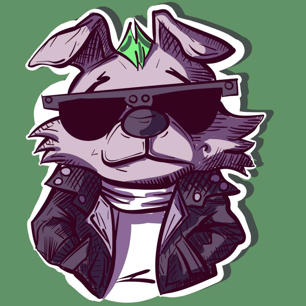 Digital art of a cool punk dog wearing sunglasses and a leather jacket. Metalhead puppy wearing rocker clothes. vector