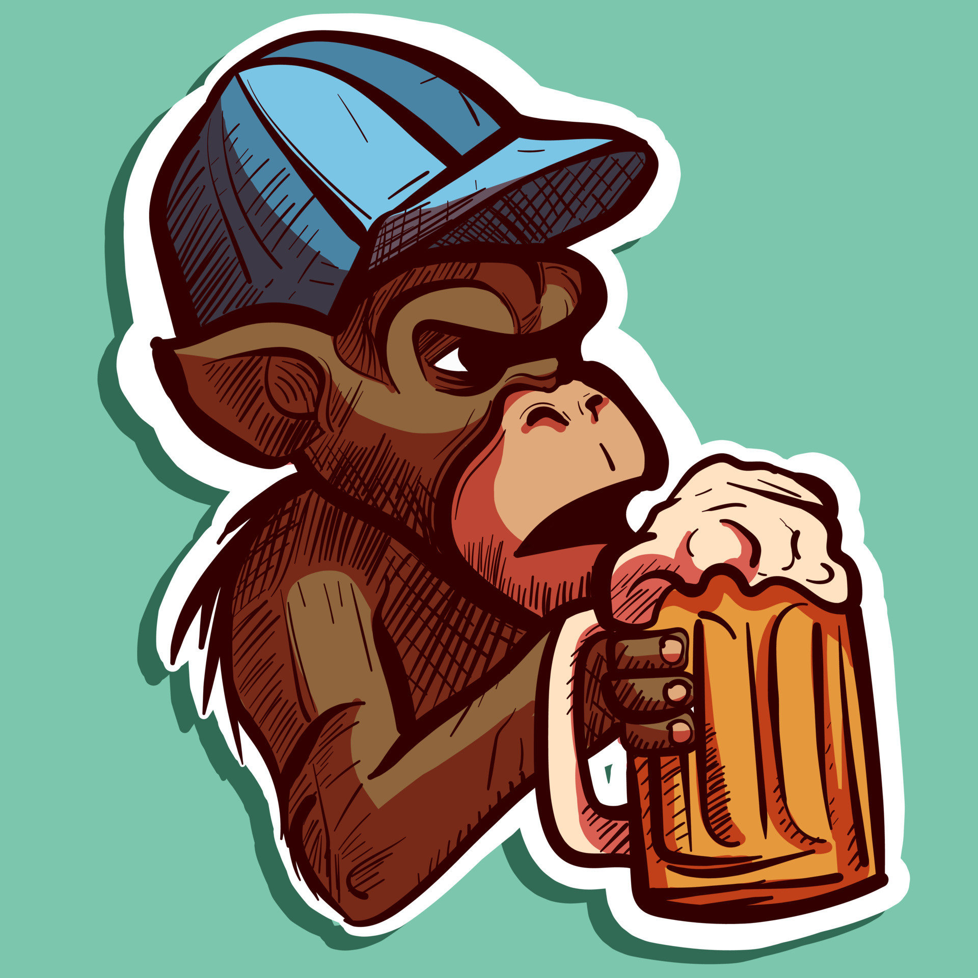 Digital art of a serious monkey with a hat drinking a mug of beer