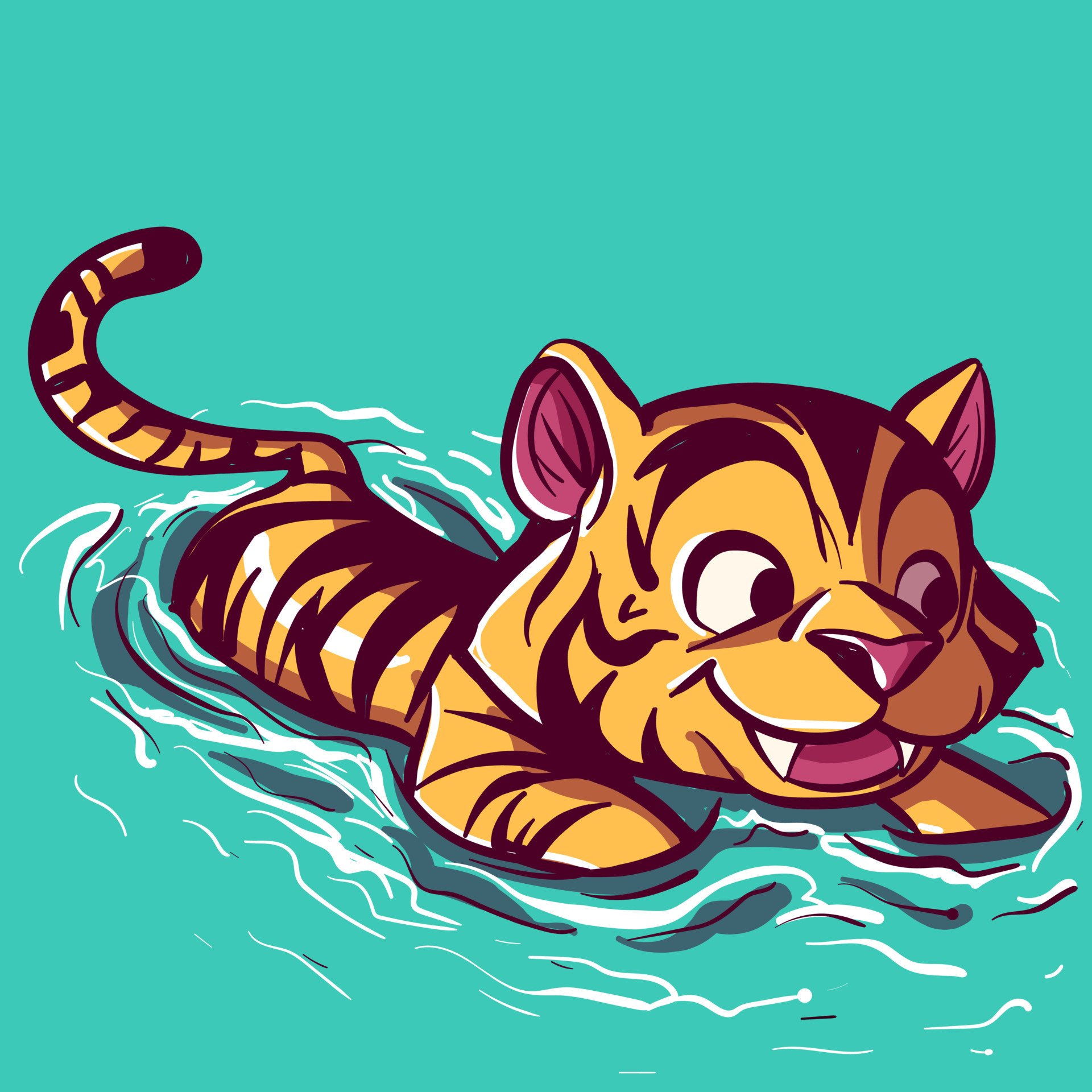 Digital art of a small tiger learning to swim in a pool. Wild animal ...