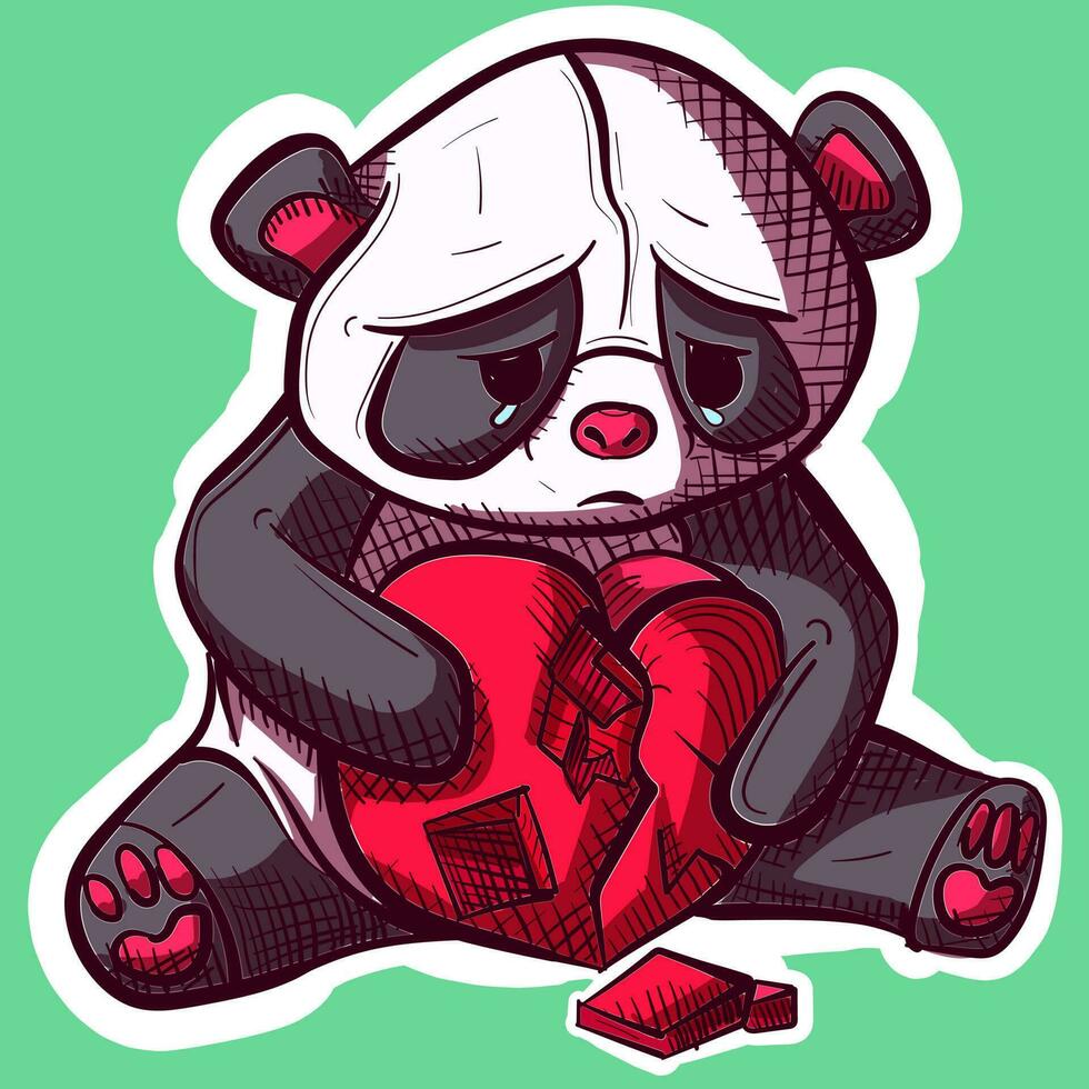 Digital art of an unhappy panda with tears in his eyes crying and holding a heart. Vector of an asian bear trying to put together a broken soul.