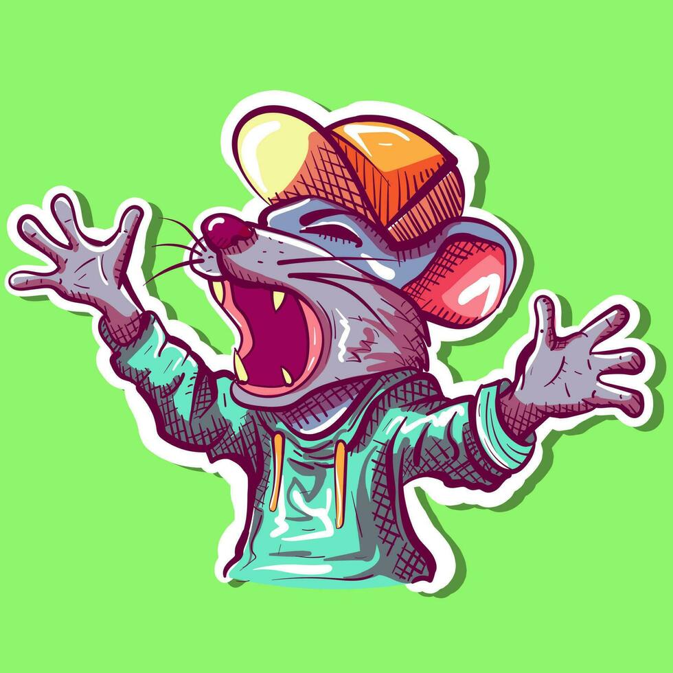 digital Arte de un enojado rata gritando con su manos en el aire. vector de un cadera salto ratón Gritando y vistiendo casual ropa, un capucha y un sombrero.