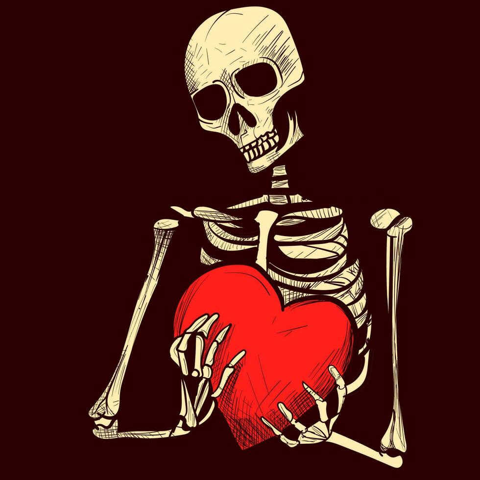 Digital art of a grunge skeleton holding a heart on his hands. Conceptual vector about love of a skeleton with bones.