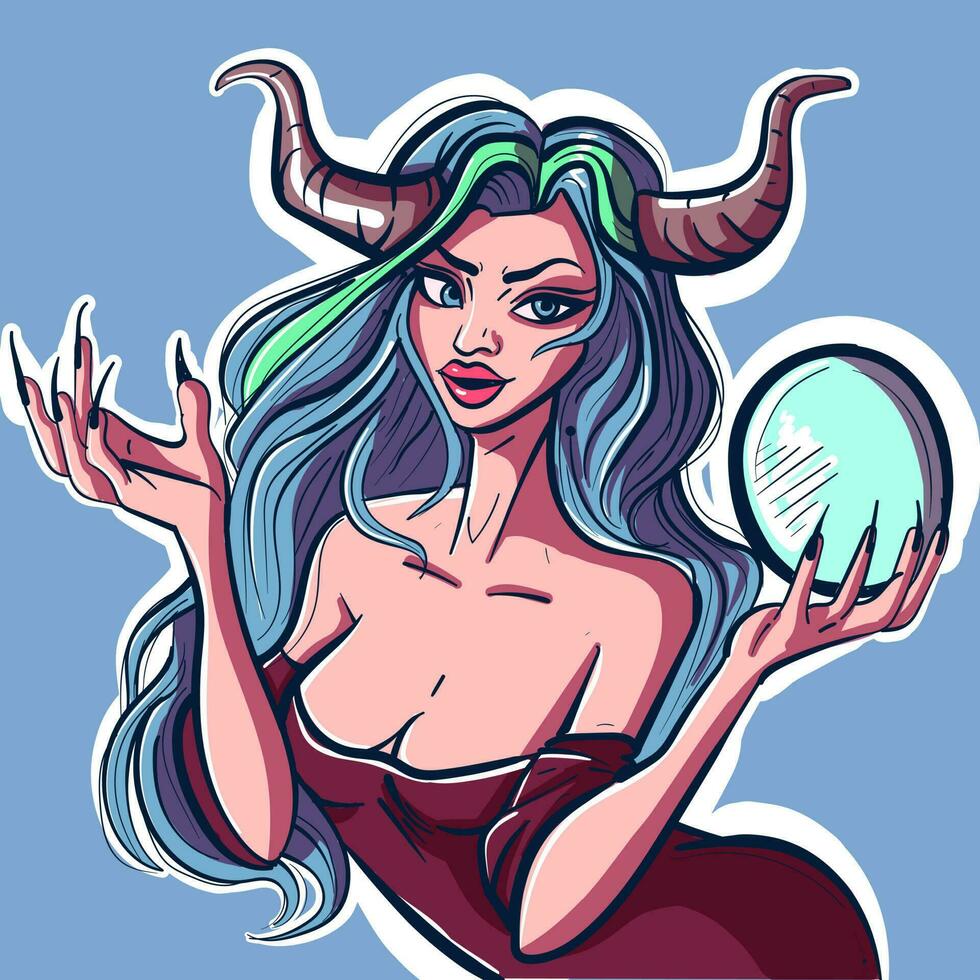 Digital art of a witch demon holding a crystal ball. Vector illustration of a wizard woman with horns casting spells.