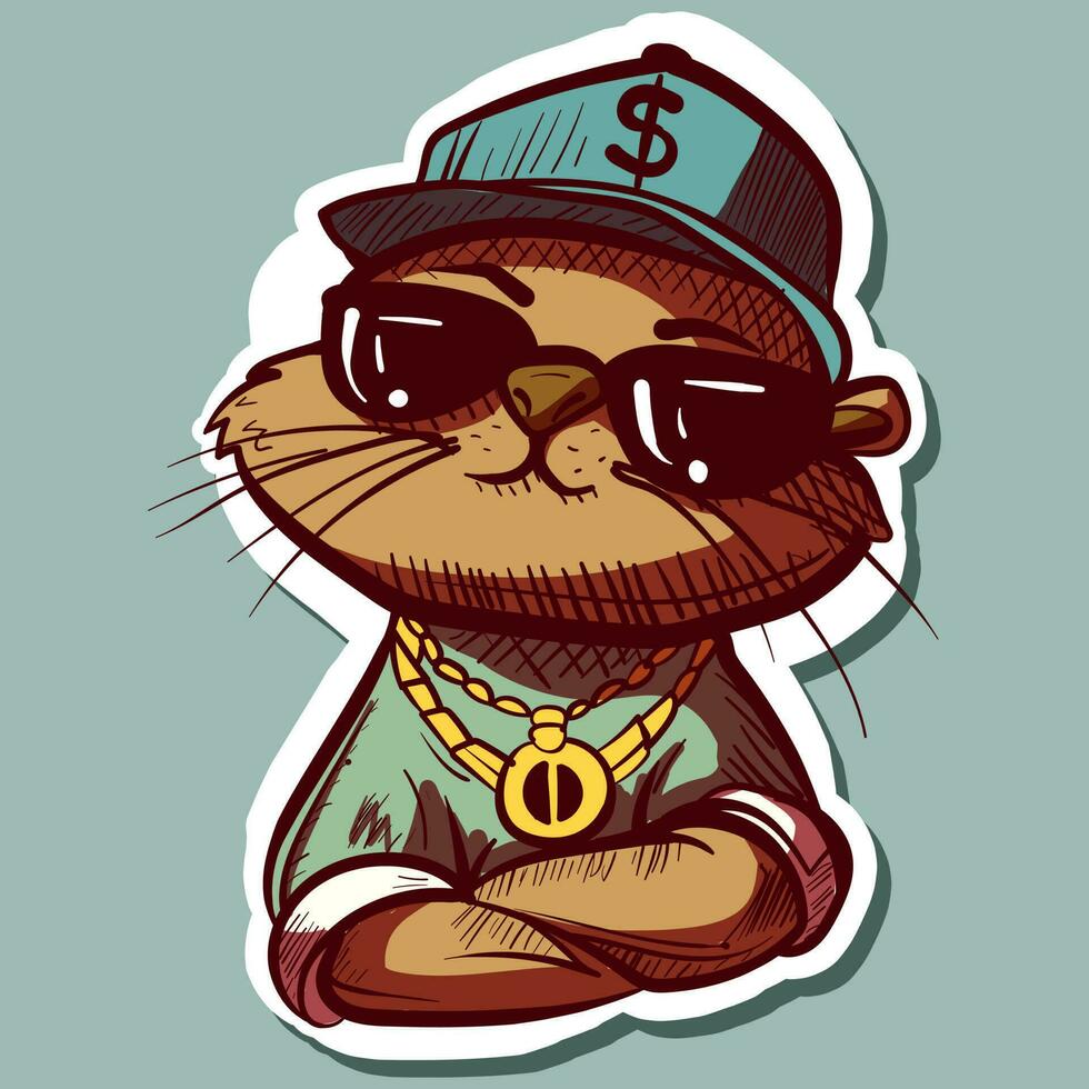 Digital art of a cool thug otter with a gold chain, clothes and a hiphop hat. Graffiti sticker of a weasel with sunglasses. vector