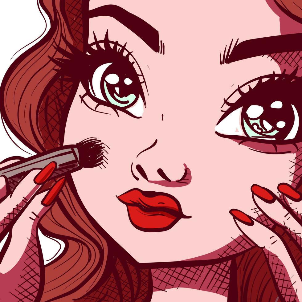 digital Arte de un niña aplicando maquillaje con un cepillo en su las mejillas. de cerca ilustración de un mujer con anime ojos poniendo en rubor. vector