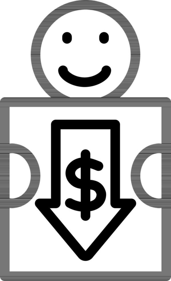 Human holding decrease money paper icon in black line art. vector