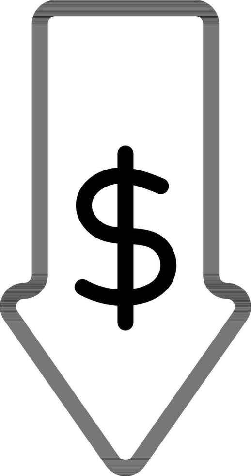 costo reducción o dólar disminución icono en Delgado línea Arte. vector