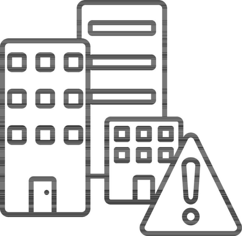 Exclamation mark with apartment building icon in thin line art. vector