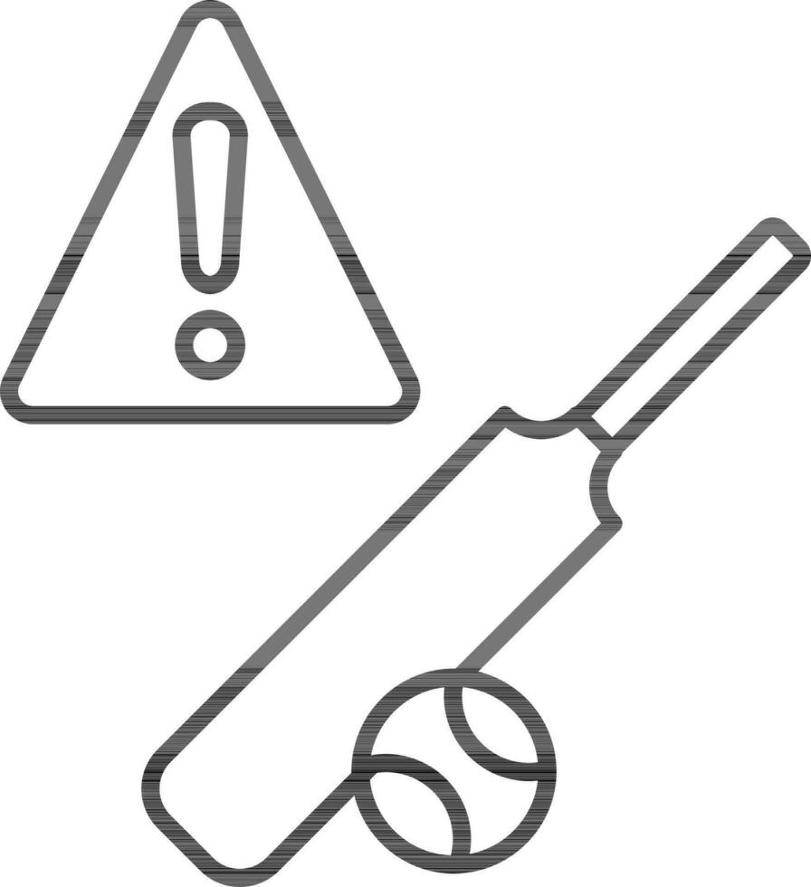 Warning Cricket bat and ball icon in black line art. vector