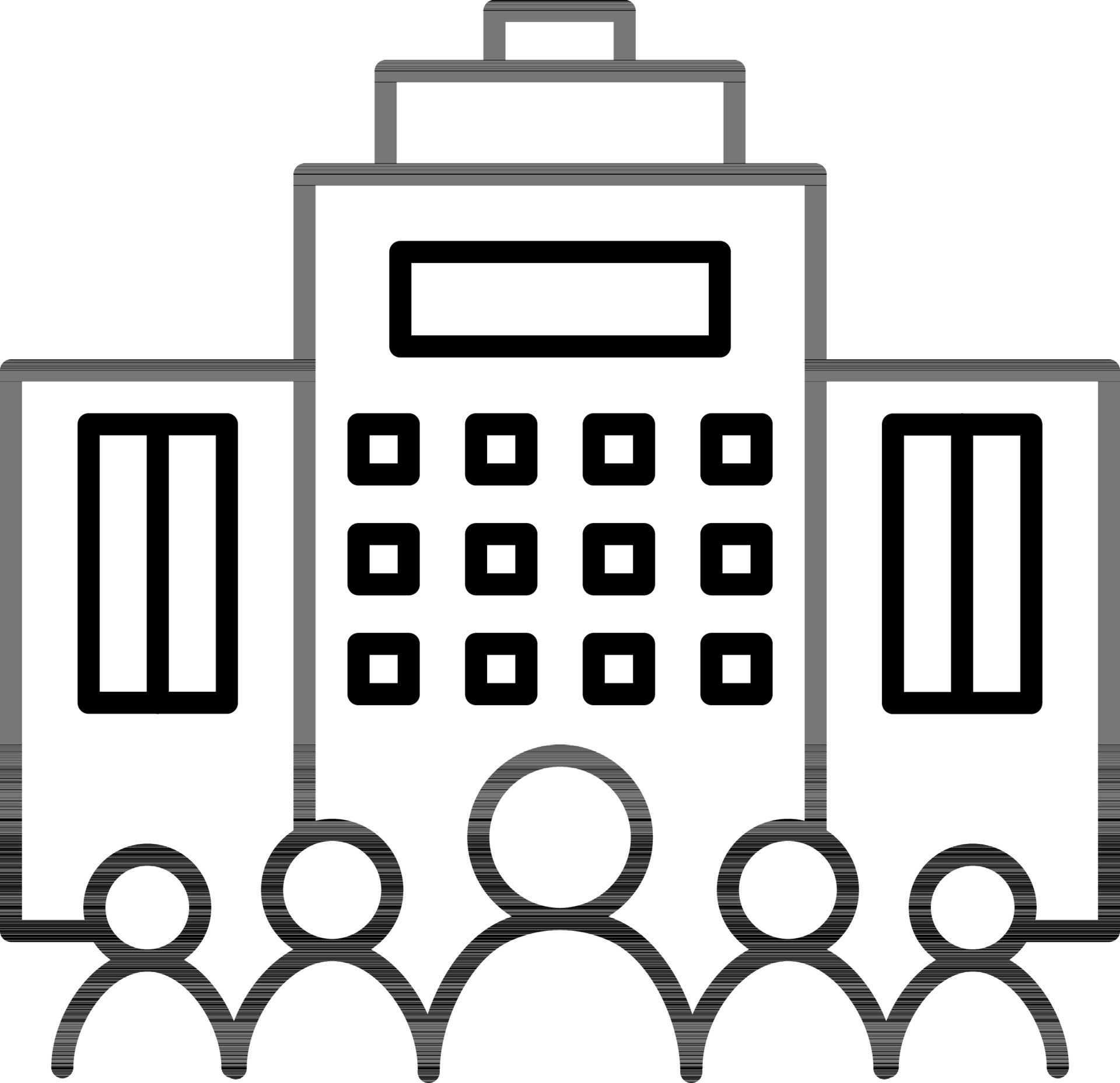 People standing in front of building icon in thin line art. 24368858