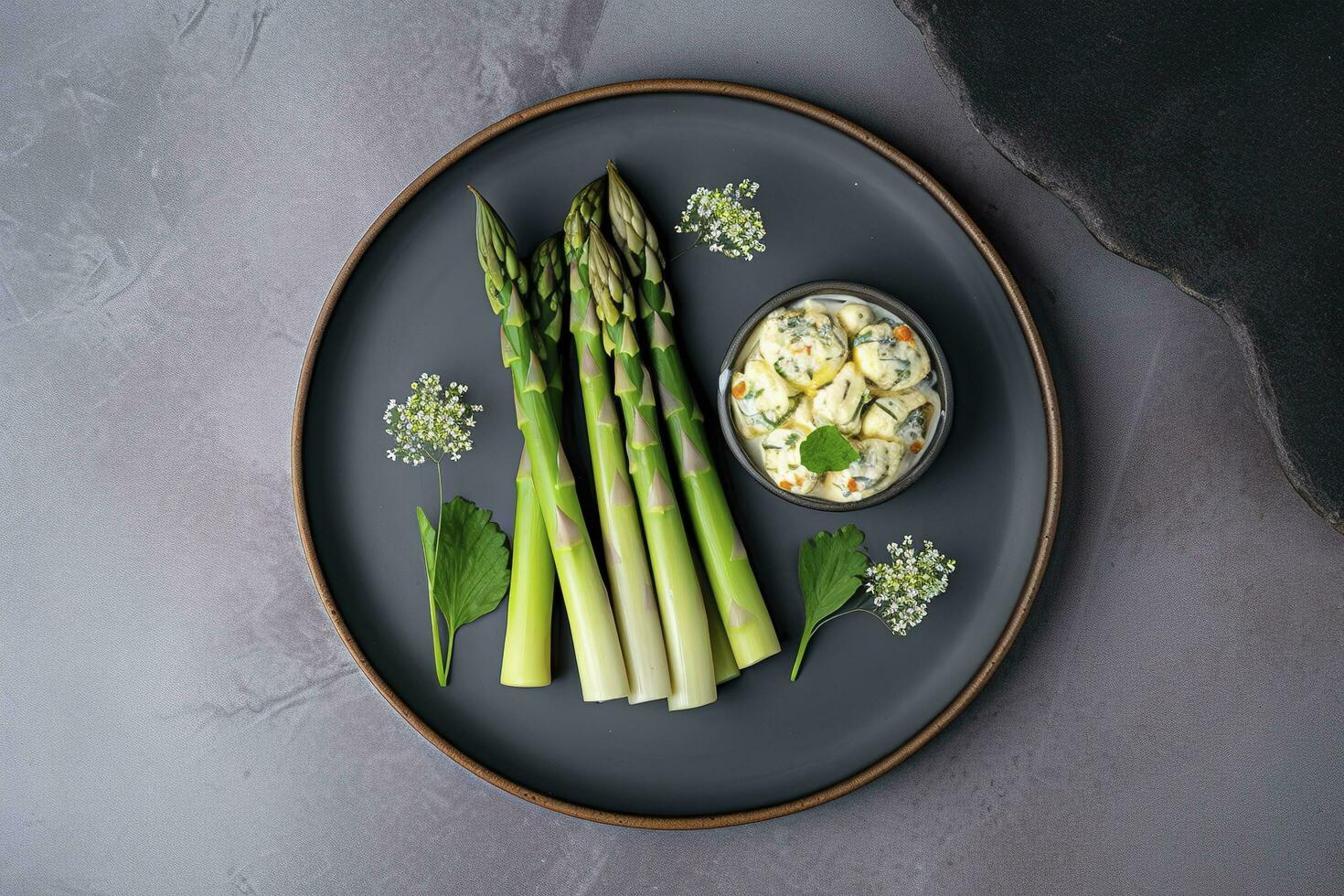 Traditional Bavarian white asparagus served with wild garlic and almond butter close-up on a Nordic design plate with copy space, generate ai photo