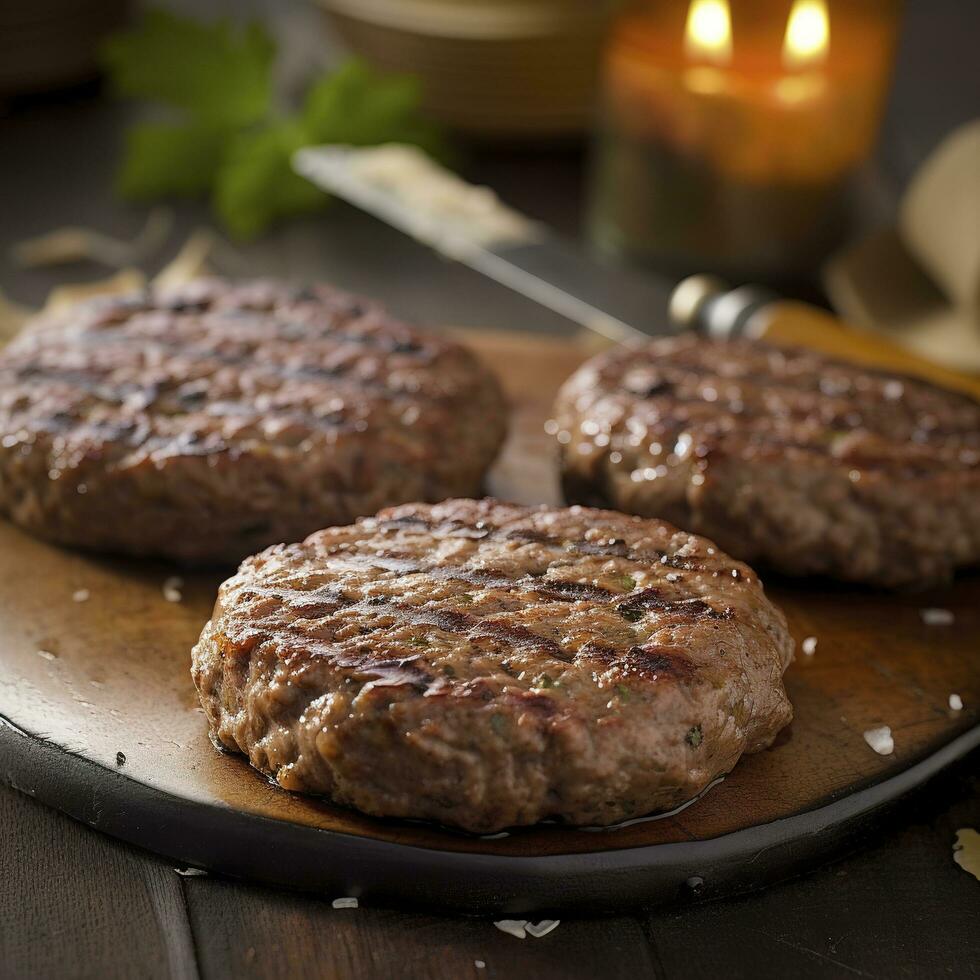 Tasty grilled hamburger patties with seasonings on wooden table, closeup, generate ai photo