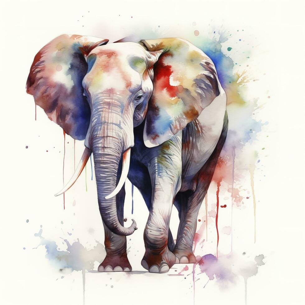 A elephant  watercolor painting, beautiful natural forms, crisp clean shapes, colorful, white background, generate ai photo