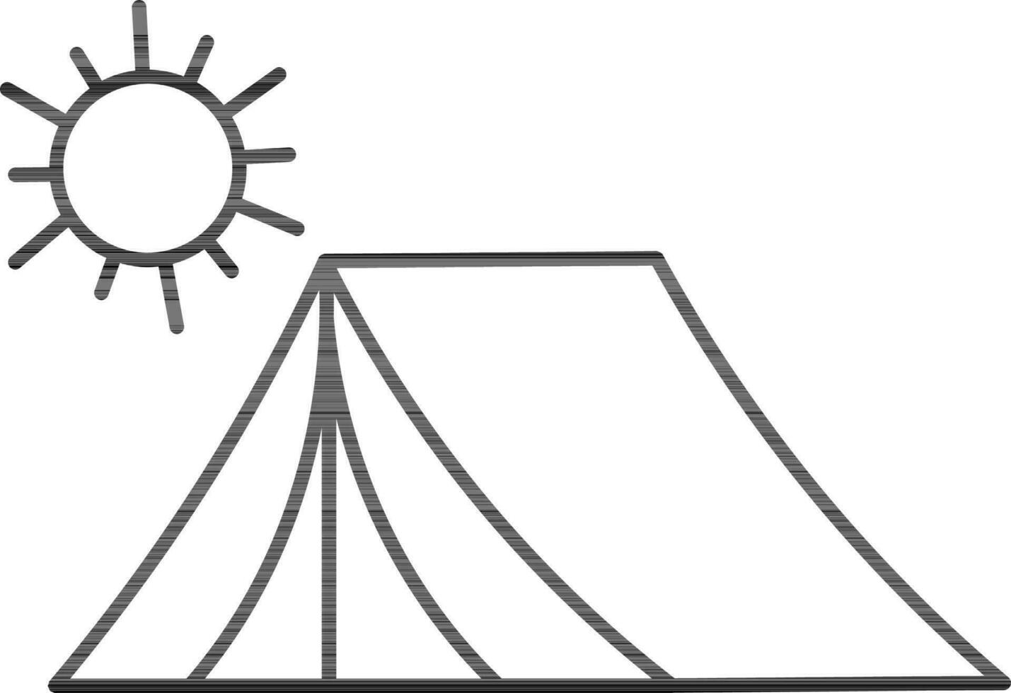 Illustration of Sun with Tent Icon in Black Outline. vector