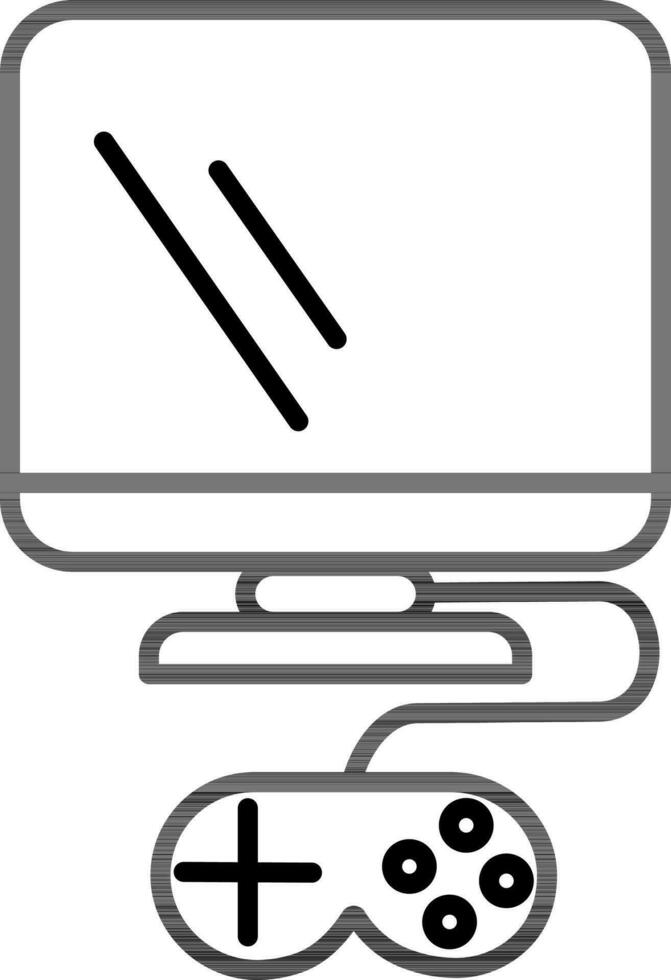 Computer with Gamepad Icon in Black Line Art. vector