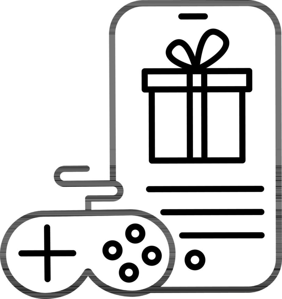 Gift Box on Smartphone with Gamepad Icon in Thin Line Art. vector