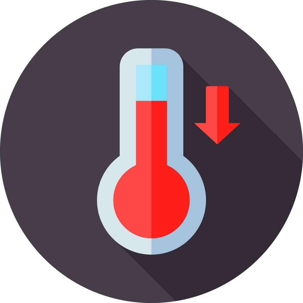 bajo temperatura o termómetro con abajo flecha icono en rojo color. vector